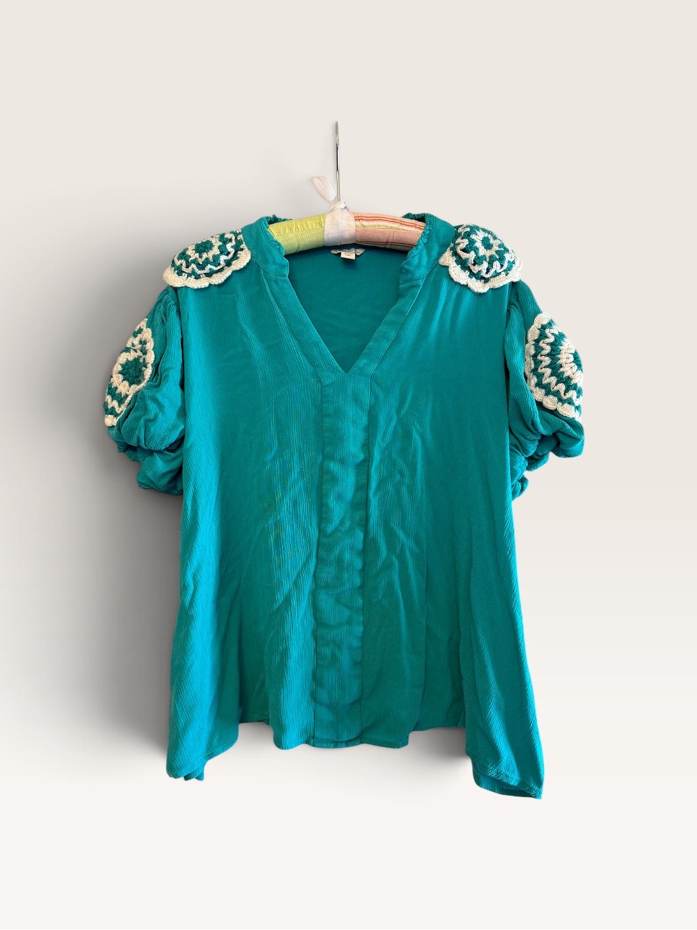 Cato Teal Crochet Puff Sleeve Boho Blouse Plus Size 18 20W 2X